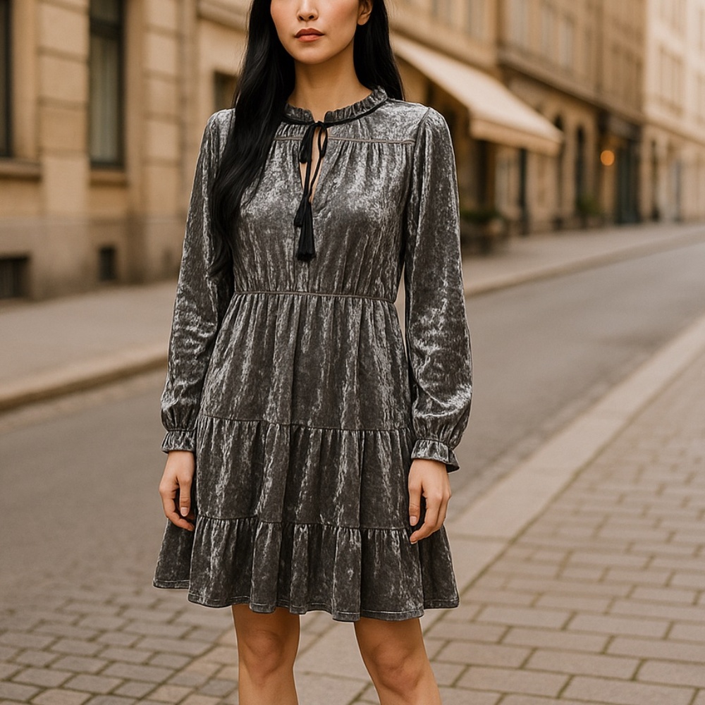 Romeo and Juliet Women’s Grey Velvet Tiered Swing Long Sleeve Dress Sz-M